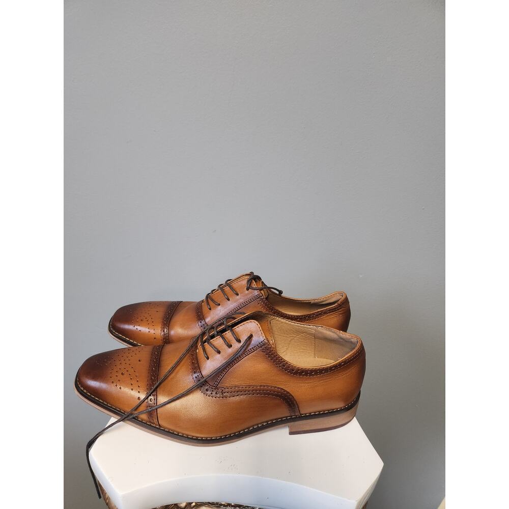 Men's 11.5 La Milano Lorenzo Tan Leather Cap-Toe Oxford Dress Shoes Brogue Brown - Picture 2 of 6